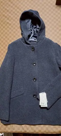 フード付きウールコート 9AR ダークブルー