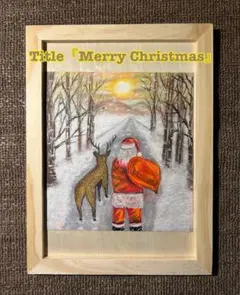 クレヨン画　手書き　原画　一点物　絵画　額付き　パステル　クリスマス　サンタ　雪