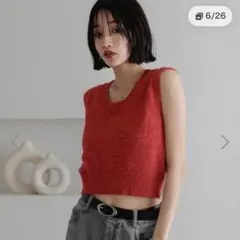 LOWRYS FARM スラブバックボタンベスト ニットベスト 赤 レッドのサムネイル
