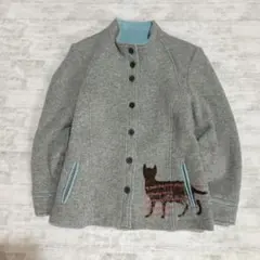日本製 猫モチーフ 刺繍デザイン ウール混　アンゴラ混　ジャケット グレー 古着