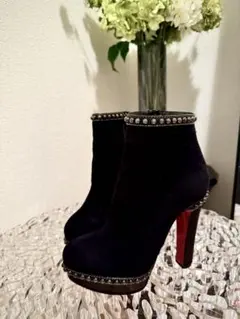 クリスチャンルブタンスタッズ黒スエードスタッズブーティ35ハーフ裏張ヒール替え済