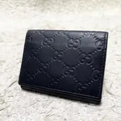 GUCCI 名刺ケース　カードケース　シマ　レザー　GG柄　ロゴ金具　黒　定期