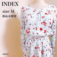 INDEX 花柄ワンピース ライトブルー×レッド フローラル M 春夏 レトロ