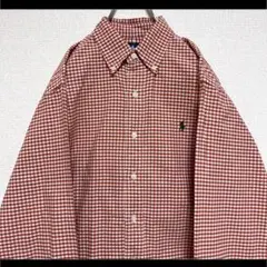 ラルフローレン BDシャツ 長袖 オレンジギンガムチェック 緑ポニー刺繍 M