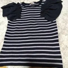 パフスリーブ ニット トップス 半袖 黒白ストライプ