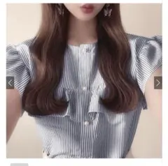 GRL ストライプ柄フリルノースリーブブラウス[dk1040]　パールボタン