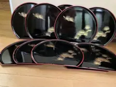 半月盆 銘々皿 菓子盆 漆器 黒朱 松葉柄 10枚セット 和食器のサムネイル