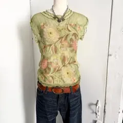 ノースリーブ 透け感 シワ加工 緑 花刺繍 y2k 平成ギャル 00s 日本製