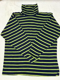 BUTTER FIELD ネイビー×グリーン ボーダー タートルネック ニット