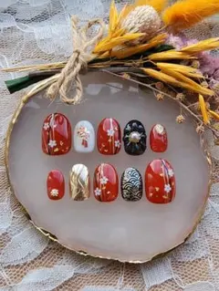 【受注制作】梅の花・菊・ぷっくりフラワーの和柄ネイル