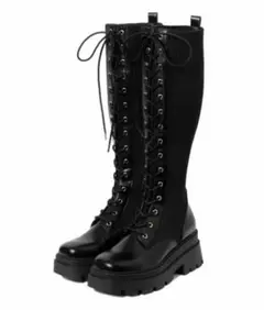 【R&E】トラックソールレースアップニットロングブーツ 厚底　ブラック