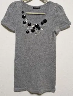 インタープラネット グレー 半袖ニットワンピース
