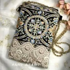 スマホショルダー スマホポシェット サコッシュ インド刺繍リボン ブラック 橙