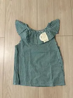 【訳あり新品未使用】グリーン　チェック　ノースリーブ　フリルトップス　150