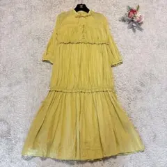 ナノユニバース ロングワンピース リネン混 ティアード シワ加工リボン黄緑 36