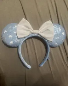 ミニー　水色ハート模様リボン付きカチューシャ