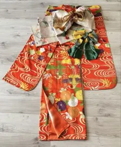 【極美品】 正絹 振袖4点セット 朱色 鶴 菊 古典柄 成人式