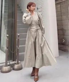 rienda 長袖 グリーン フレア パフスリーブ ワンピース