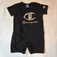 Champion ブラック 黒 ロンパース 60 70 カバーオール 半袖
