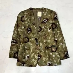 ヴィンテージ 古着 和風 シルク混 花柄 ノーカラー ジャケット 緑