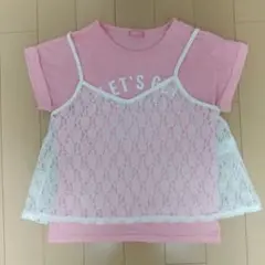 【値下げ！】【美品！】Navy ピンク レース付きTシャツ