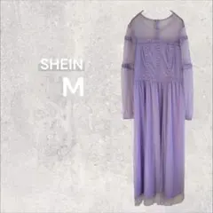 シーイン チュールロングワンピース 長袖 M レースシアー ドット デザイン M