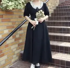 アンアナザーアンジェラス レース衿ロングワンピース ブラック