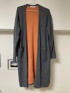 グレーオレンジ配色 長袖ロングカーディガン　マウジー