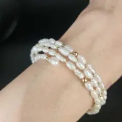 淡水パール 3連 ブレスレット バロック ゴールドビーズ