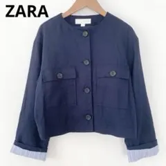 美品 ZARA リネンブレンド クロップドジャケット ネイビー S ノーカラーのサムネイル