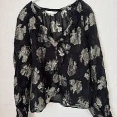 H&M リーフ柄 ラメ刺繍 フリルブラウス Ｖネック 長袖 XS