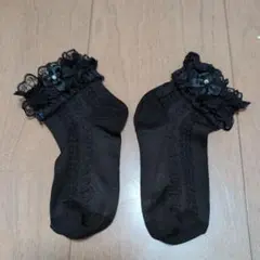 キッズ レース付きソックス ブラック リボン