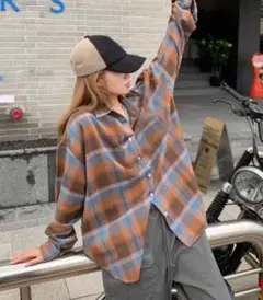オーバーサイズ チェック柄シャツ　茶　青