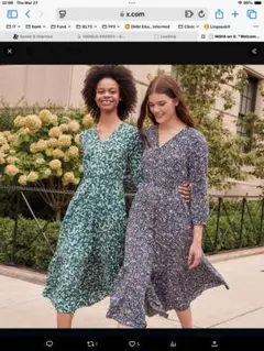 UNIQLO 445050 七分袖プリントVネックフレアワンピース　グリーン