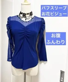 社交ダンス レッスンウェア 襟元小さなお花ビジュー、可愛いパフスリーブ、ギャザー