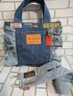 No.T002 サイドフリル　ショルダー紐付き　デニムリメイク　トートバッグ