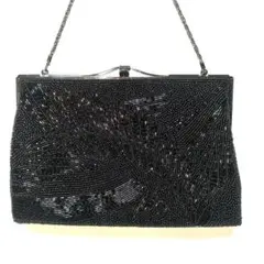 ビーズ刺繍 ブラック/黒 クラッチバッグ　フェザー　羽根柄　パーティー 美品