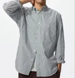 ユニクロ　ブロードシャツ　グリーン　ストライプ　　ボタンダウン　Мサイズ