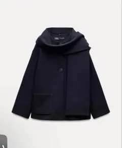 ZARA ウールスカーフ付きコート　ネイビー