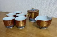 九谷焼金彩赤絵染付煎茶器宝瓶一ケ湯冷一ケ湯呑五客洋山造時代物木箱付