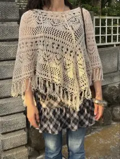 アイボリー レース フリンジ ニットポンチョセット