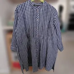 チェック柄チュニックシャツ 　濃紺　LL　七分袖