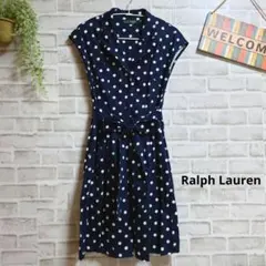 ラルフローレン フレアワンピース 美品 ドット リボン 開襟 上品 大人可愛い