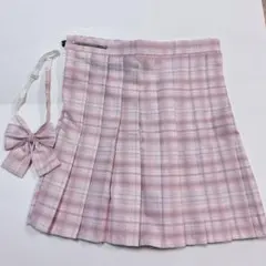 ピンク チェック プリーツスカート リボン付き