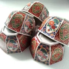 有田焼 古伊万里 金彩 間取 色絵 色錦 染錦 金襴手 中鉢 八角鉢 5客揃