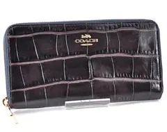 COACH コーチ クロコダイル風 長財布 ダークブラウン 茶 ゴールド ロゴ