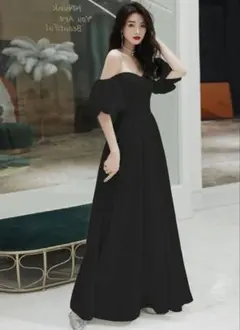 結婚式　人気　ブラックドレス　前撮り　二次会　オフショルダー　パフスリーブ