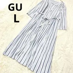 GU ジーユー シャツワンピース ロング丈 長袖 白系 ストライプ 綿/L