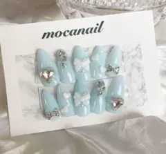 【現品】ネイルチップ 量産型 ワンホン 水色 リボン フレンチガーリー スナ系