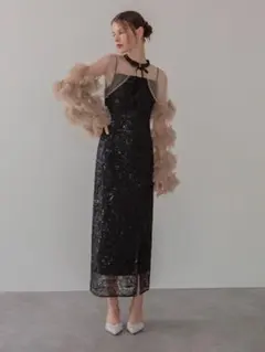 フリルチュールスリーブリボンIラインワンピースドレス結婚式パーティー成人式二次会